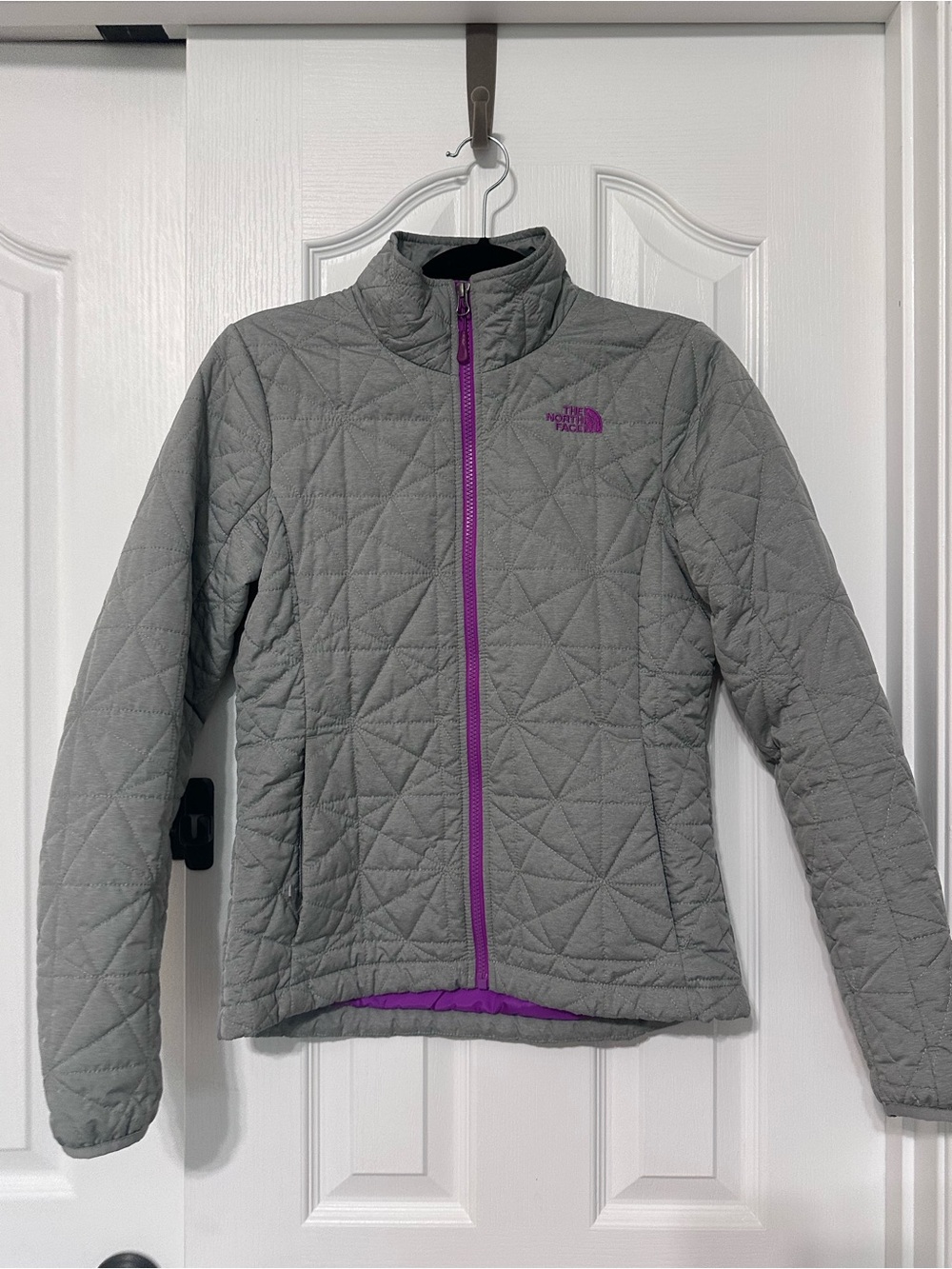 The North Face Gray Quilted Jacket with Purple Accents